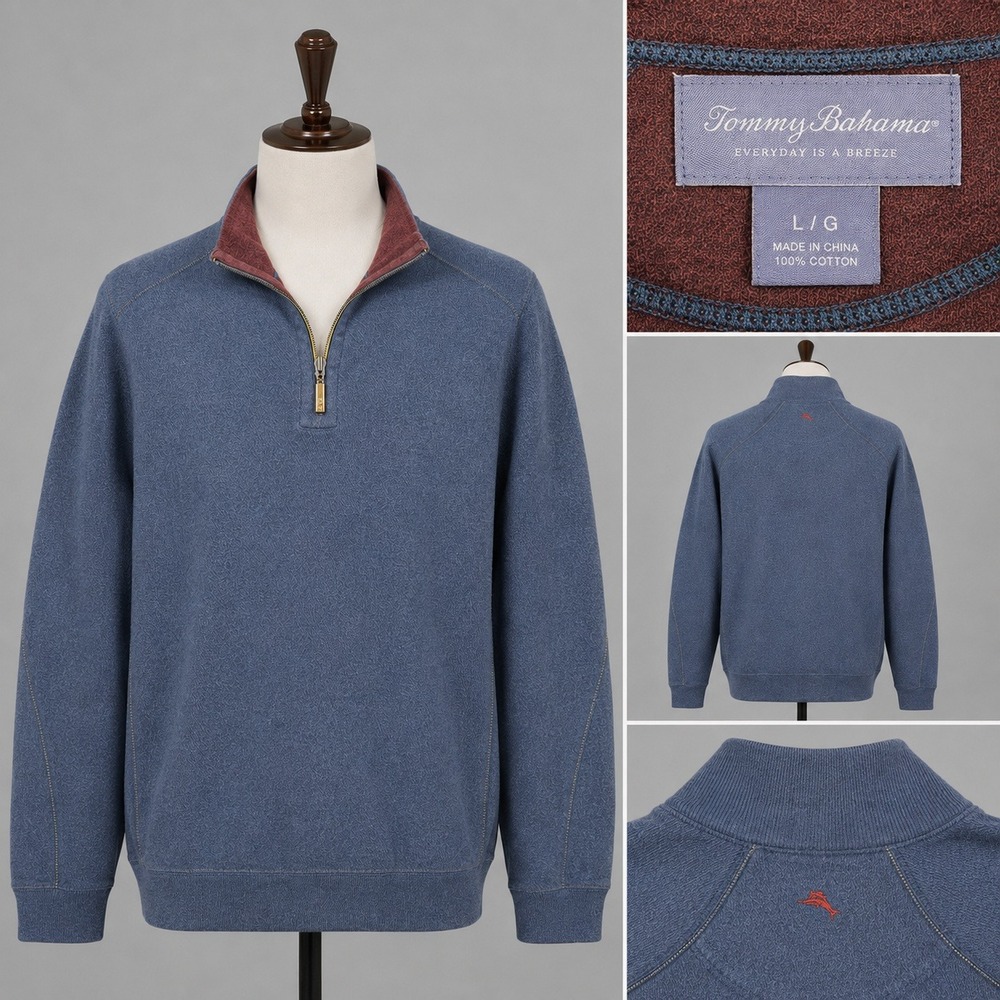 Tommy Bahama Mens L Blue 1/4 Zip Pullover Sweater Cotton Long Sleeve